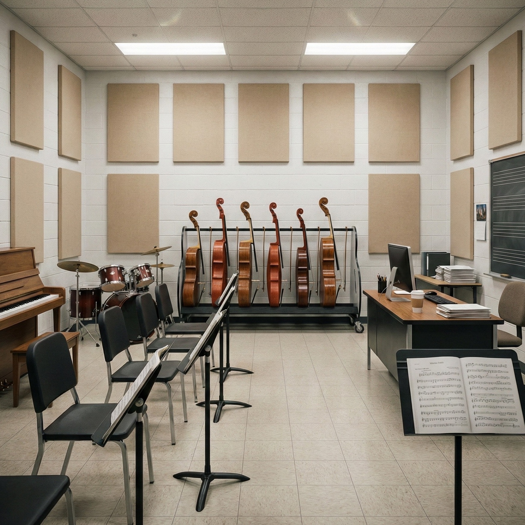 6 cello stand next to a piano and drum set in a music classroom