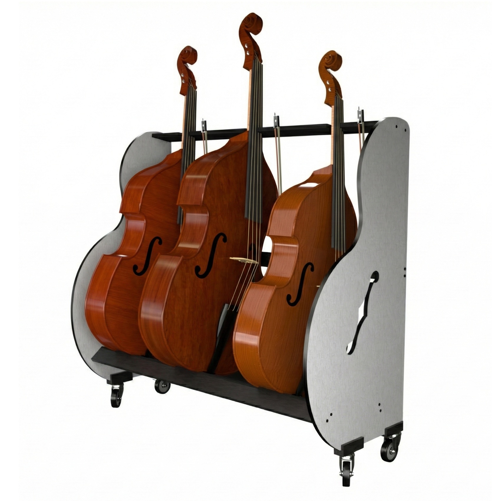 Three double-bass instruments in a grey cart with wheels