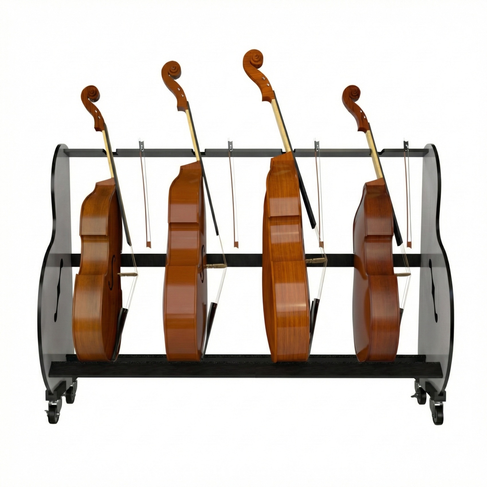 side view of 4 double basses in a cart