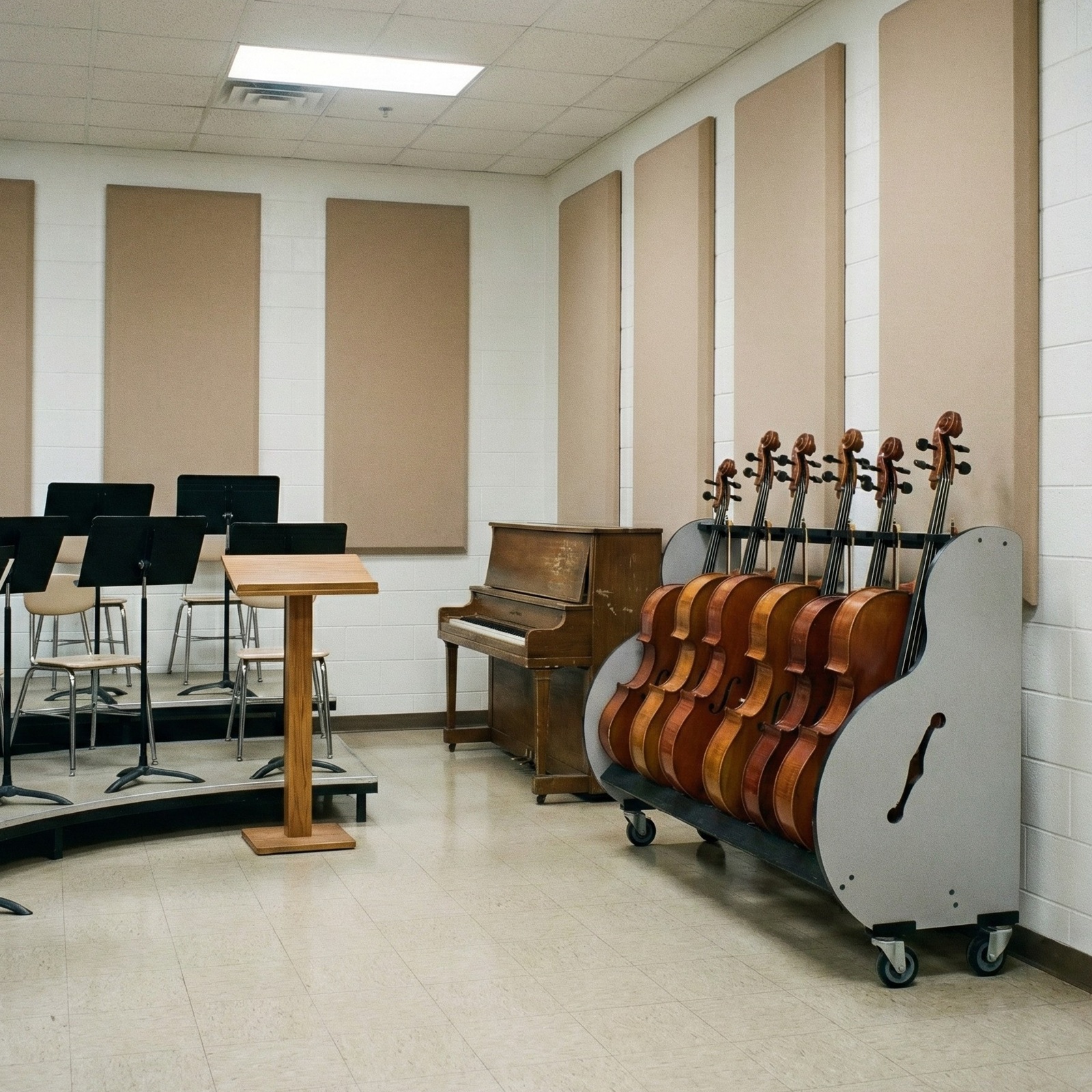 cart holding 6 cellos, in a music classroom, next to a piano, lectern and risers