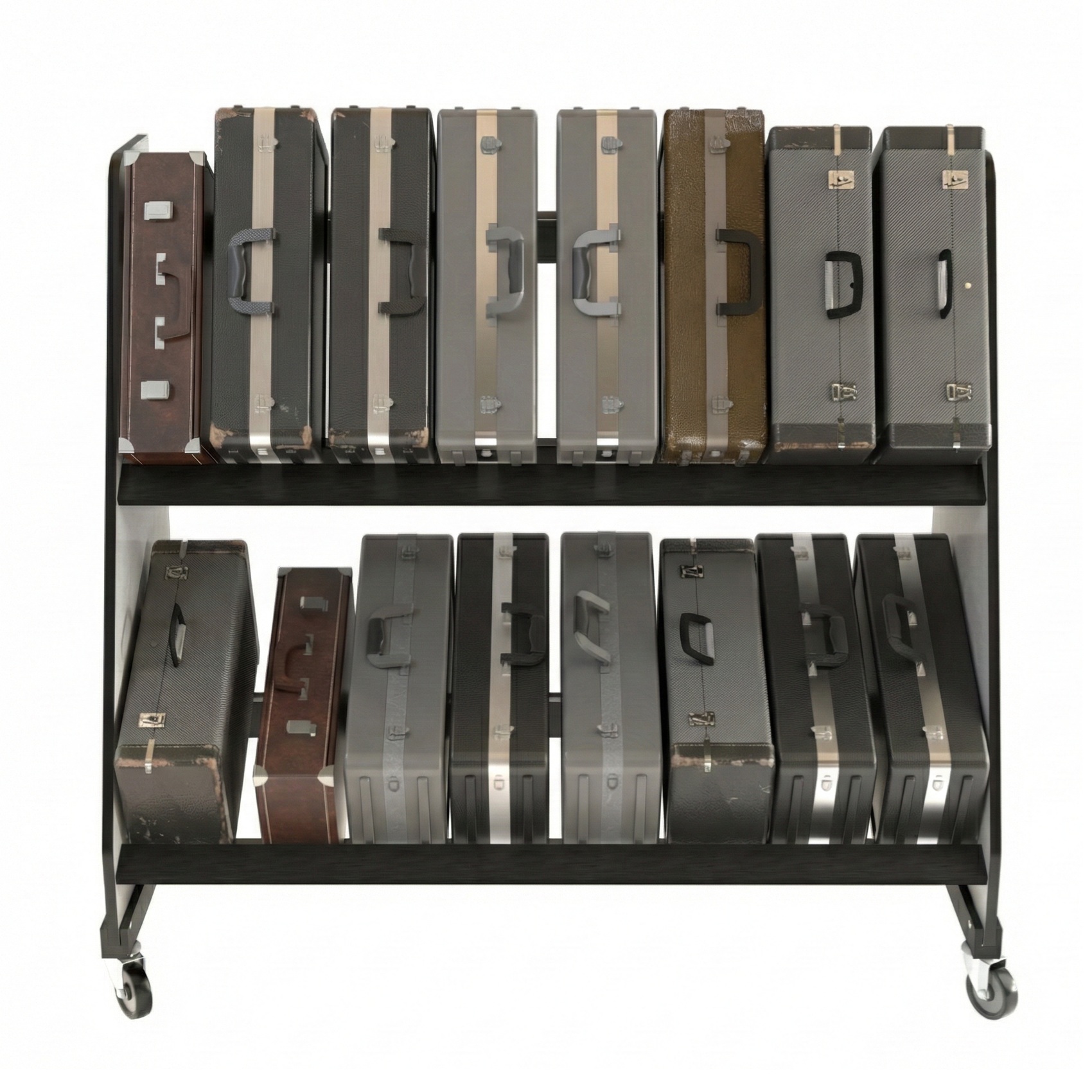 wheeled, two-tiered rack holding trumpet cases