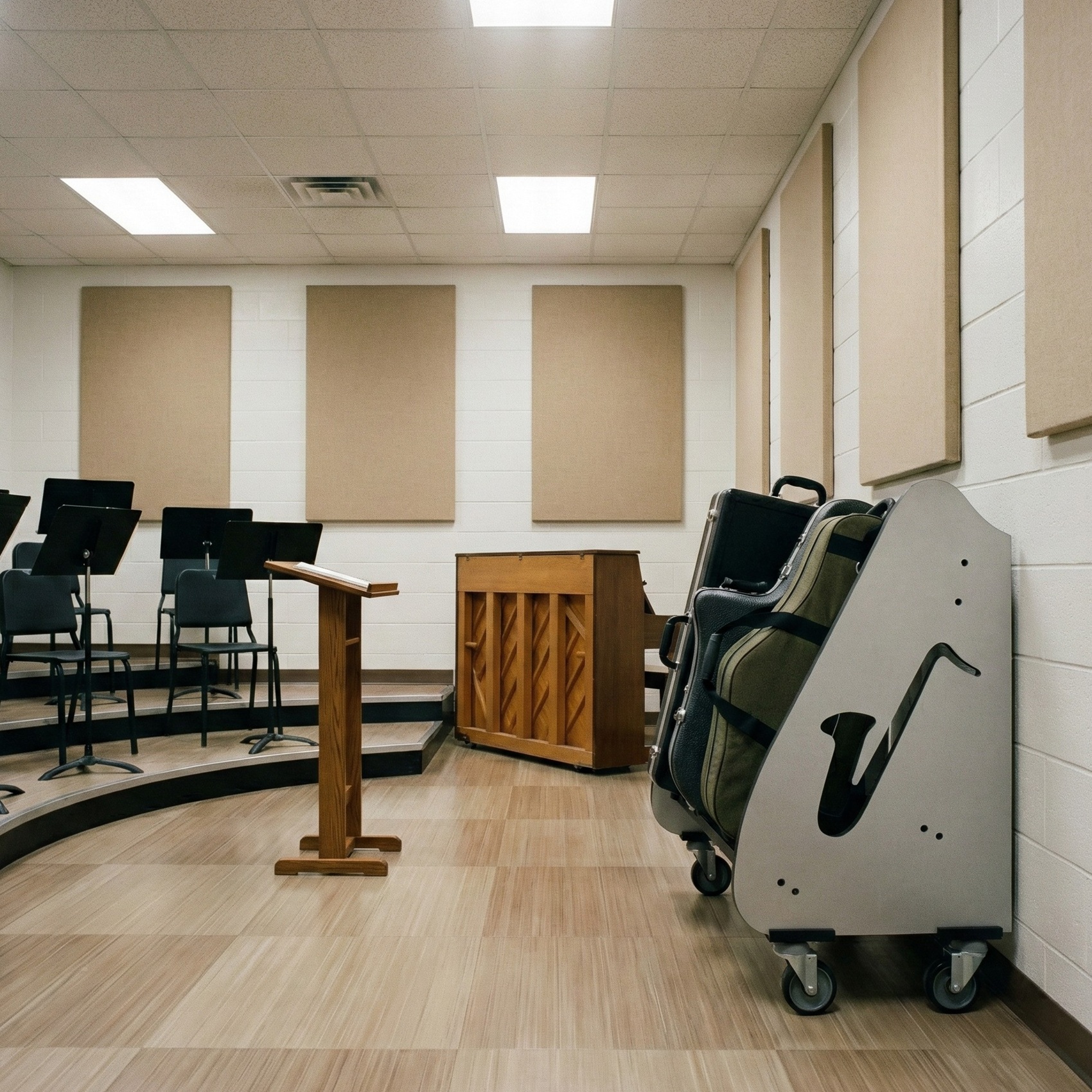 Saxophone cases, in a cart, placed against the wall of a music classroom