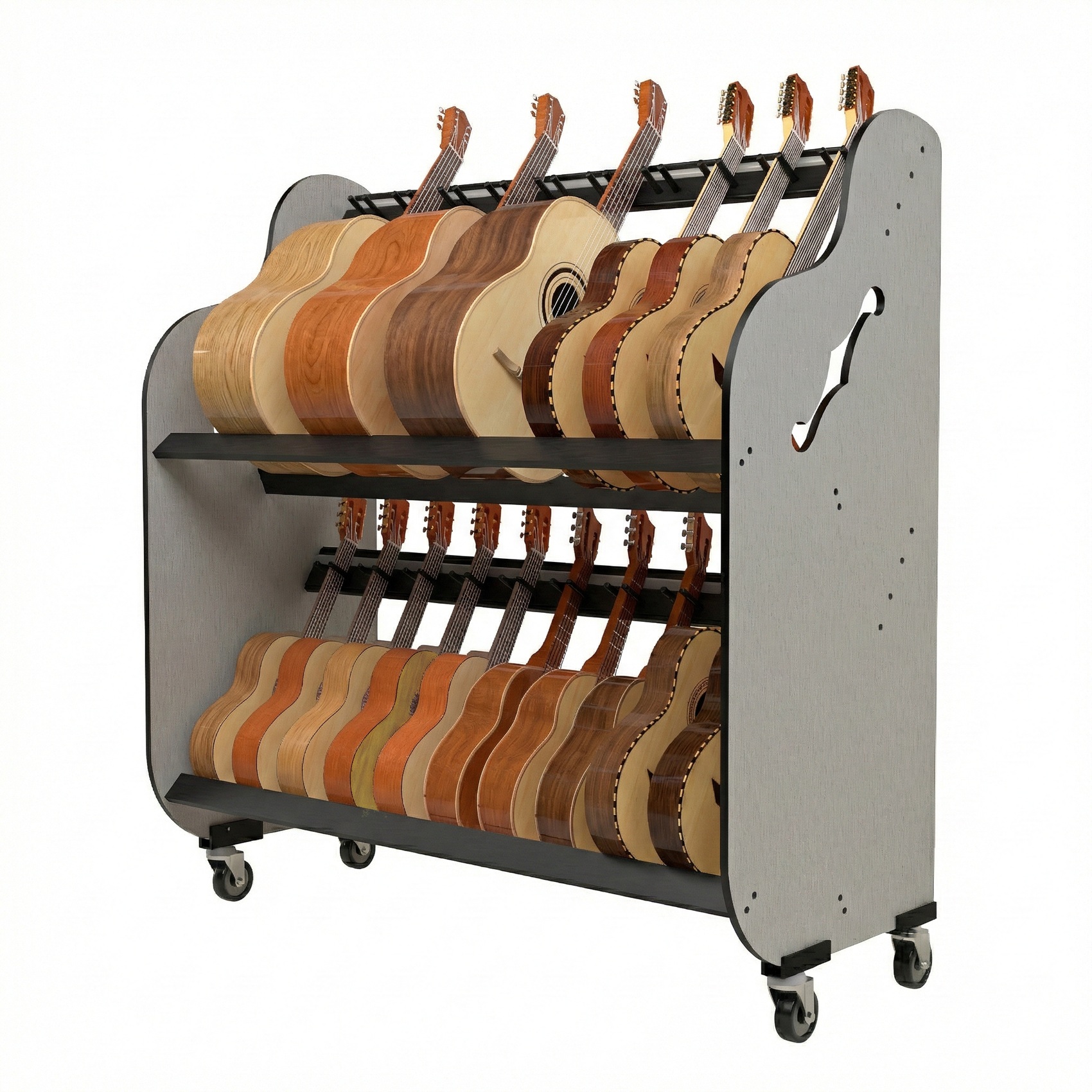 guitarrons, bajo quintos, vihuelas and requintos in a two-tiered storage cart