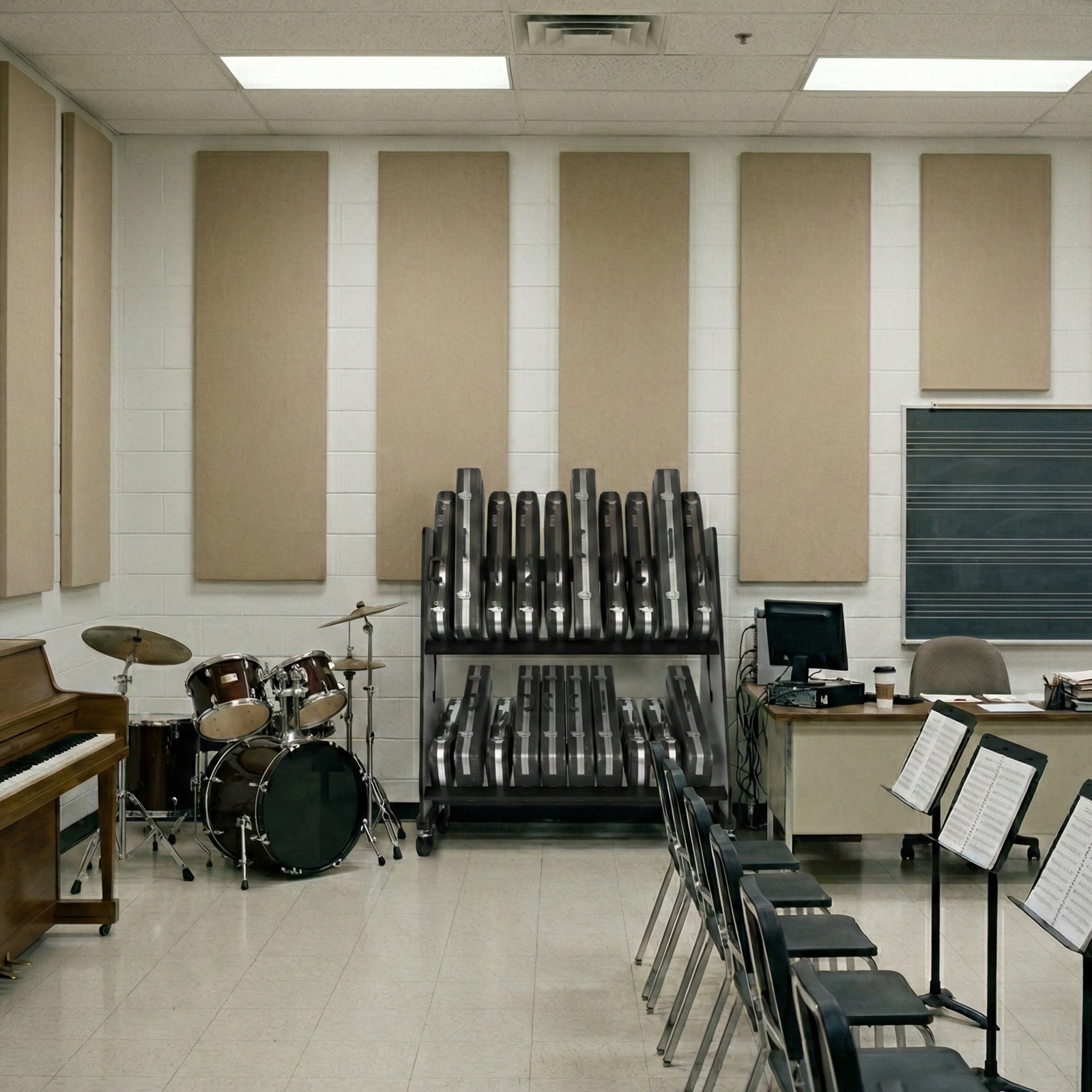 Violin cases on shelves in the back of a music classroom