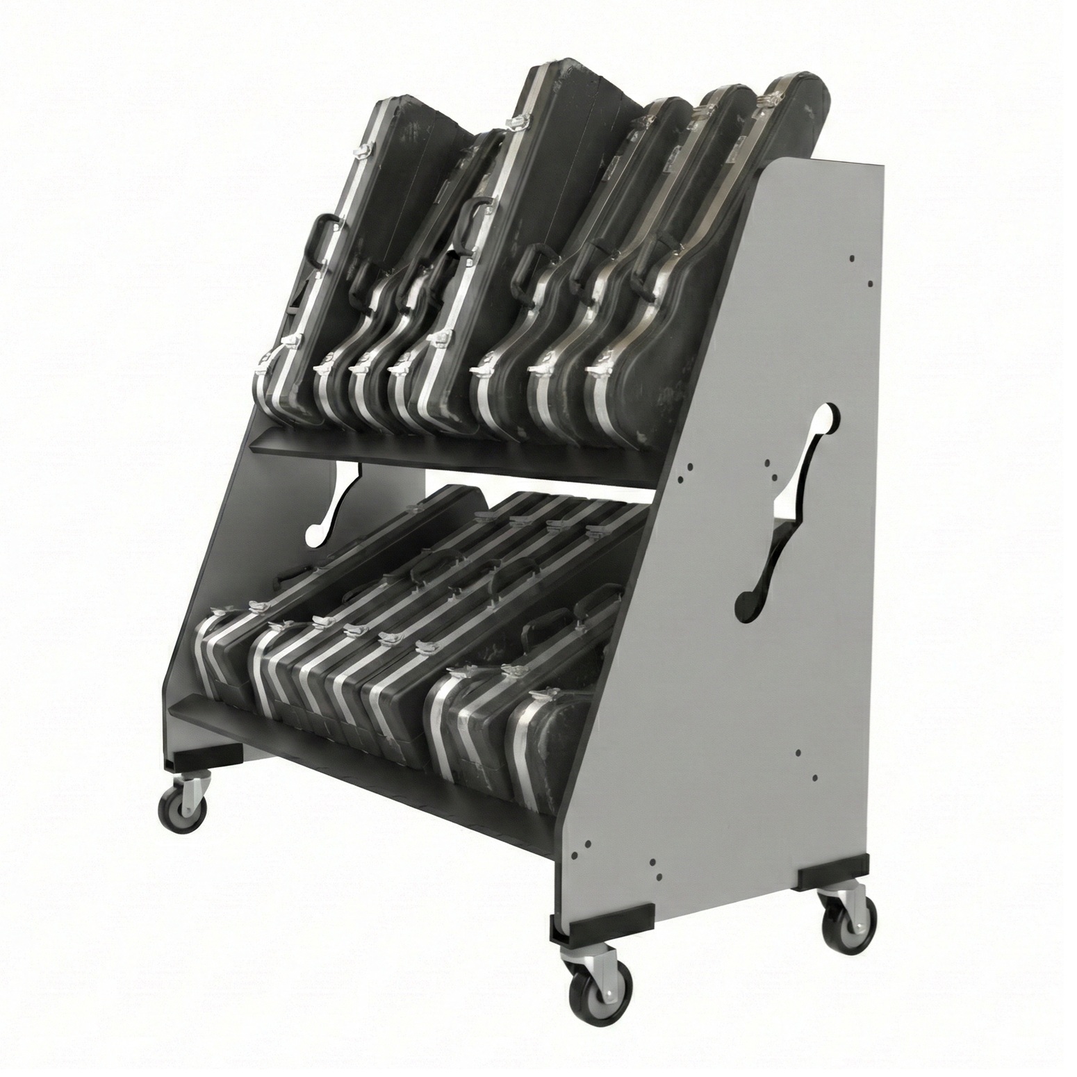 Violin cases in a two-tiered storage cart