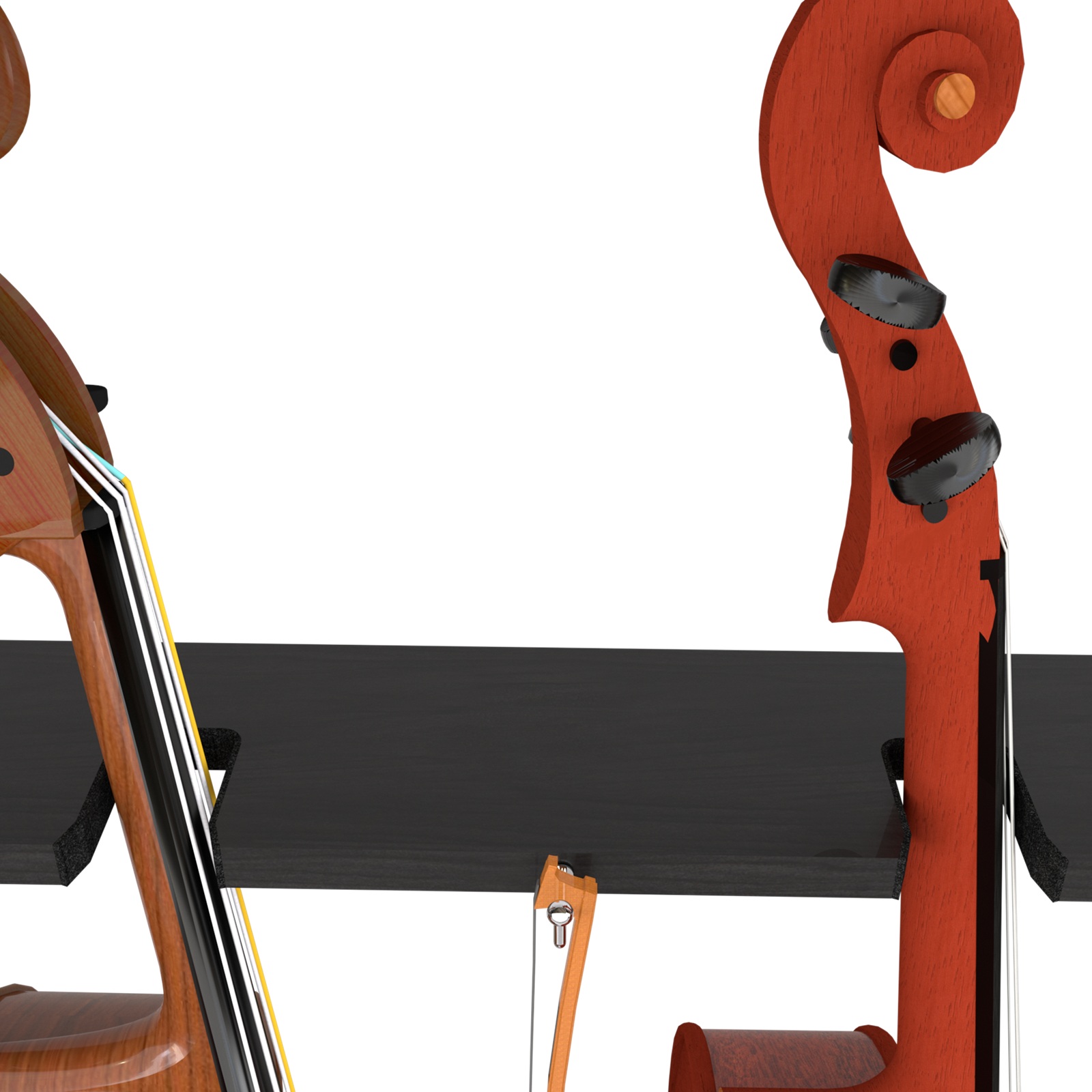 closeup of cello necks resting on a black rail