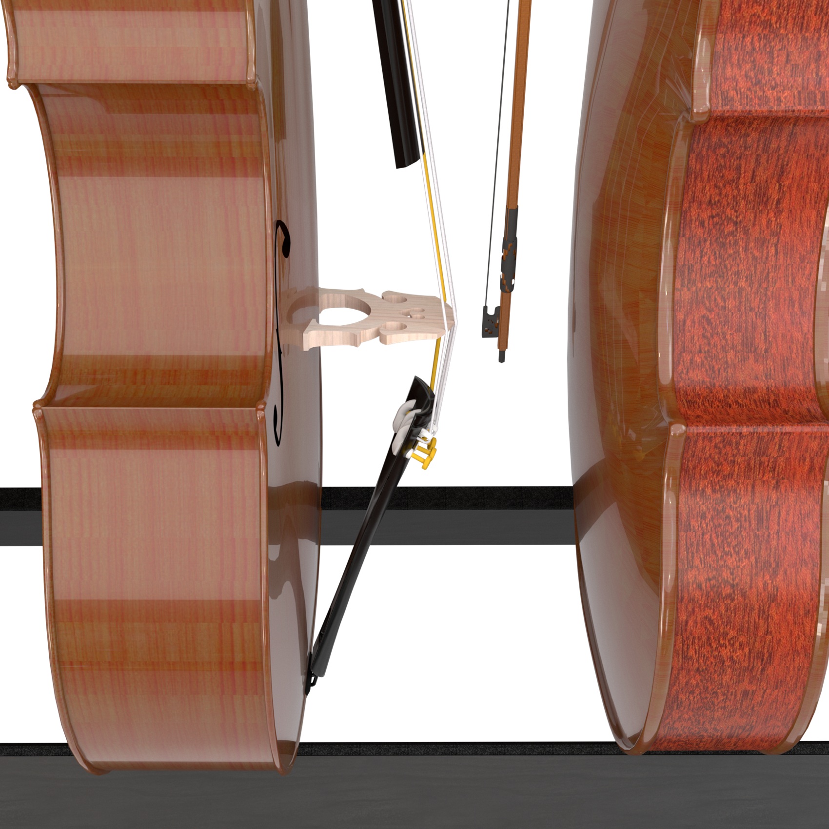 closeup of cello bodies resting on two black rails
